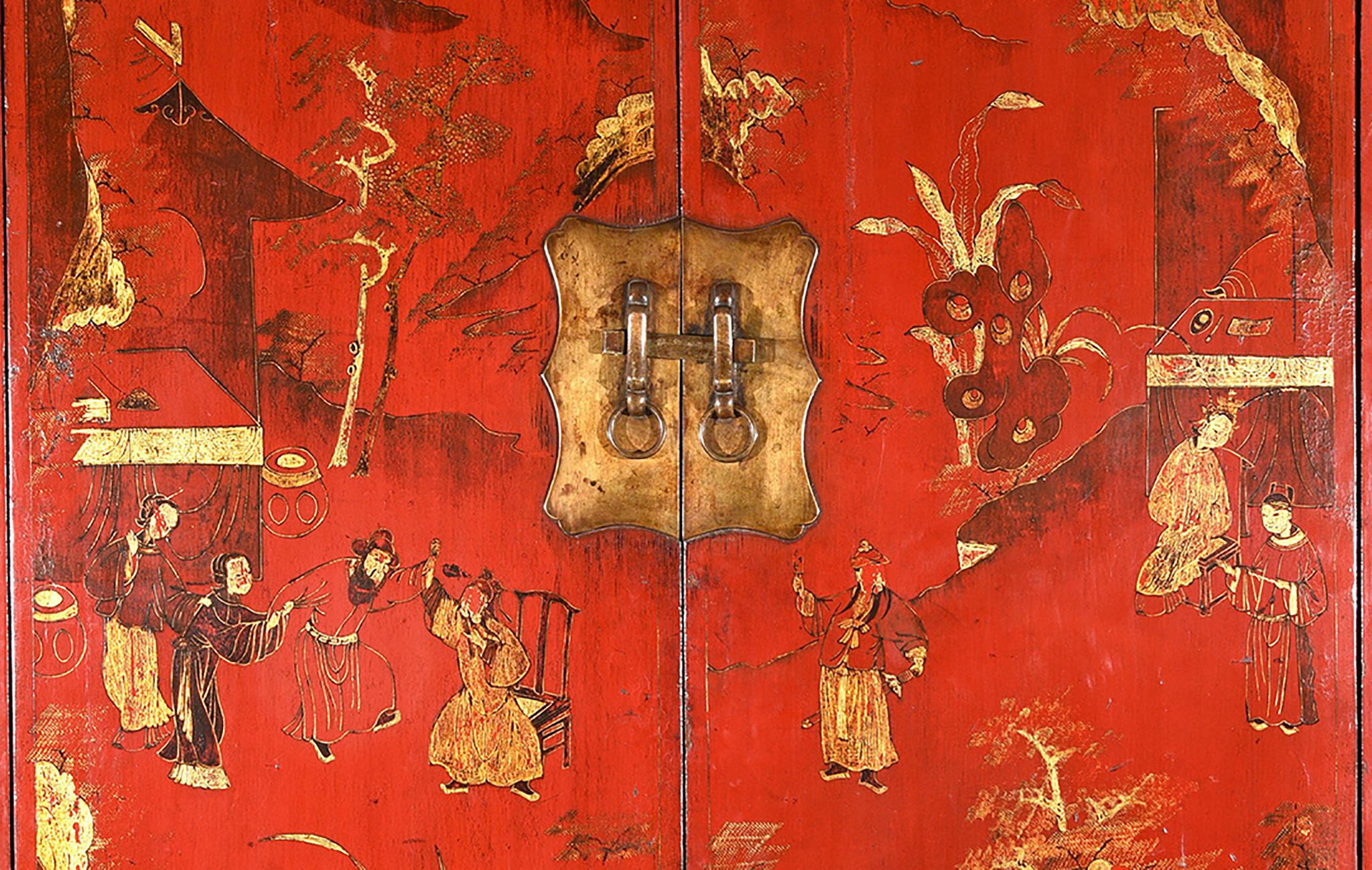 Detail from an antique Chinese red lacquer wedding cabinet. This is particularly high quality.