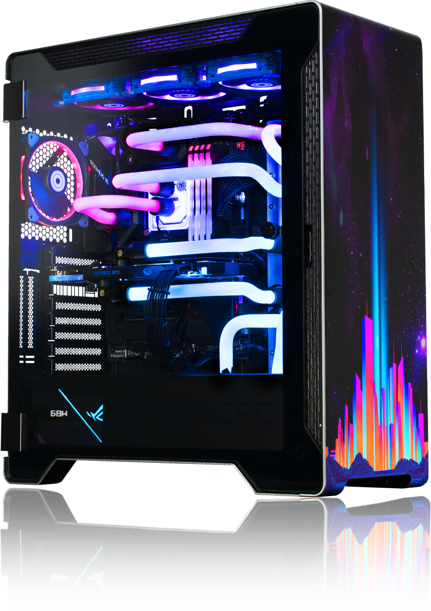 A captivating image of the GX13 showcasing custom frosted hyper flow cooling tubes and adorned with a mesmerizing cyberpunk wrap.