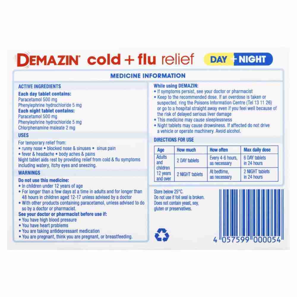 Demazin Cold & Flu Relief Day + Night 48 Tablets - Image 4