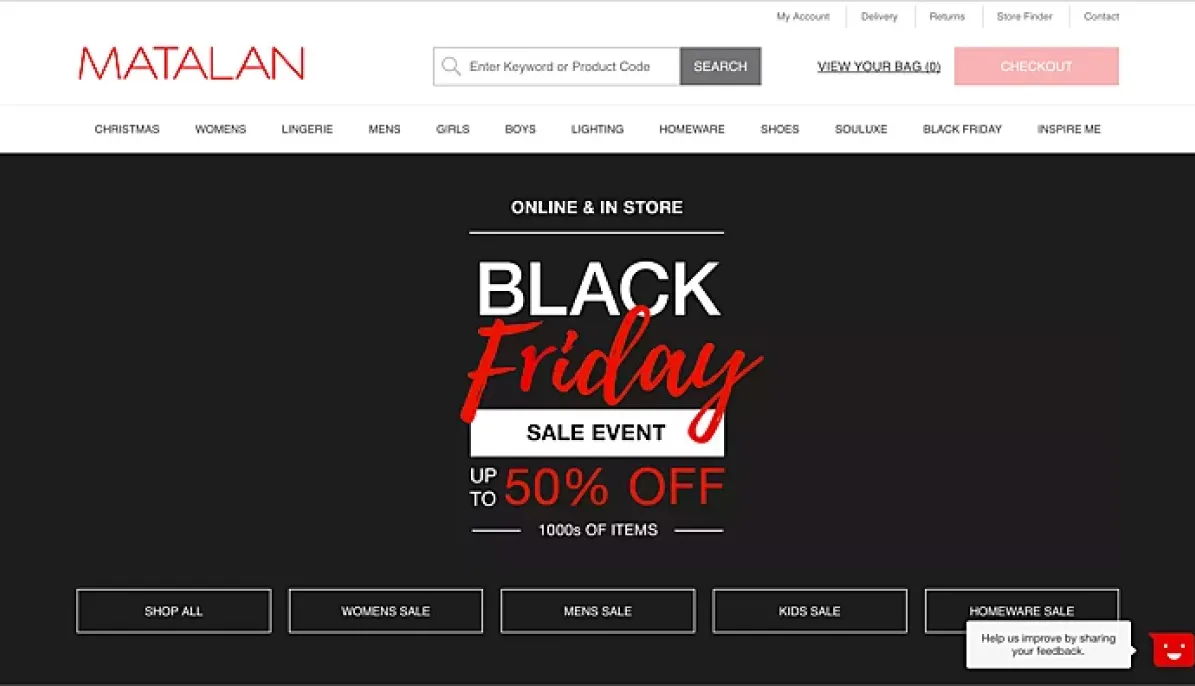 Black Friday Banner in hompage Matalan