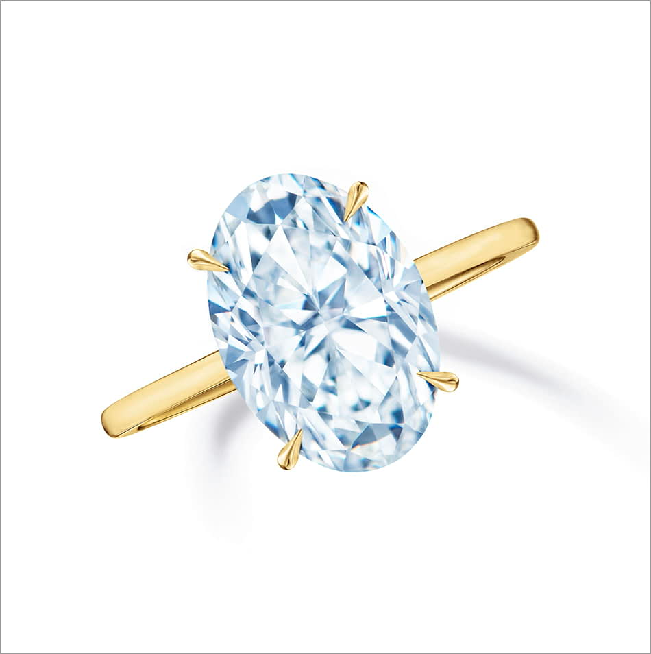 Top view of a Kwiat oval diamond solitaire ring on a yellow gold band.  