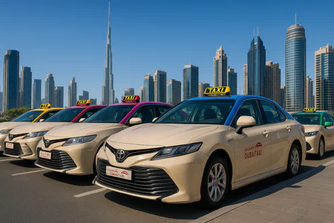 Several beige Dubai taxis parked in a line with different colored roofs, set against the backdrop of the Dubai skyline including the iconic Burj Khalifa tower.