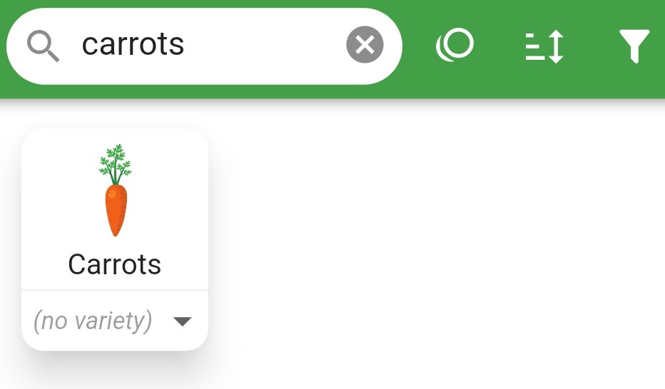 Screenshot of plant search for carrots