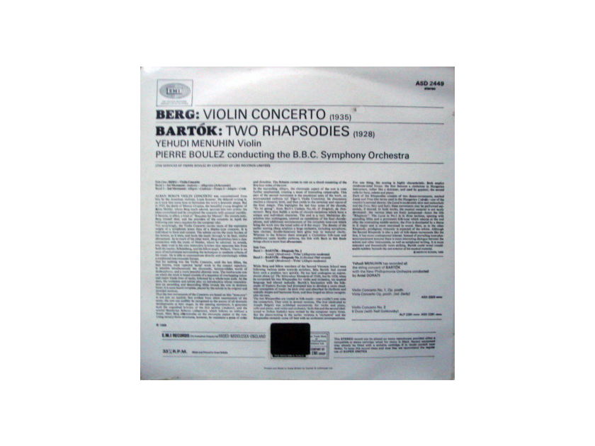★Sealed★ UK EMI ASD / MENUHIN-BOULEZ, - Berg Violin Concerto, Bartok Two Rhapsodies!