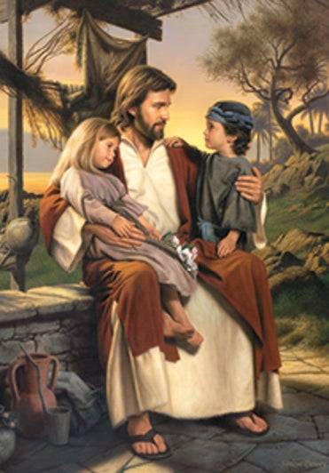 Jesus sitting with a little girl and a little boy. His gaze is steady and comforting.