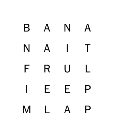 Gif showing two ways to create words. A cursor creates words on a 4-by-4 board of letters to fill the board with color. First, the cursor draws a line to create the word BANANA, which turns blue. Then the cursor taps each letter of APPLE, which turn blue once the final E of APPLE is tapped a second time. Finally, the cursor drags across the letters of FRUIT, which turn yellow.