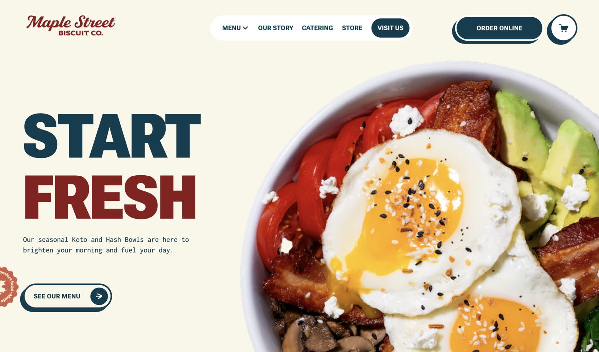 Screenshot of Maple Street Biscuits, from the ecommerce websites collection.