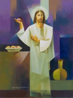 Modern painting of Jesus holding a roll of bread and teaching. 