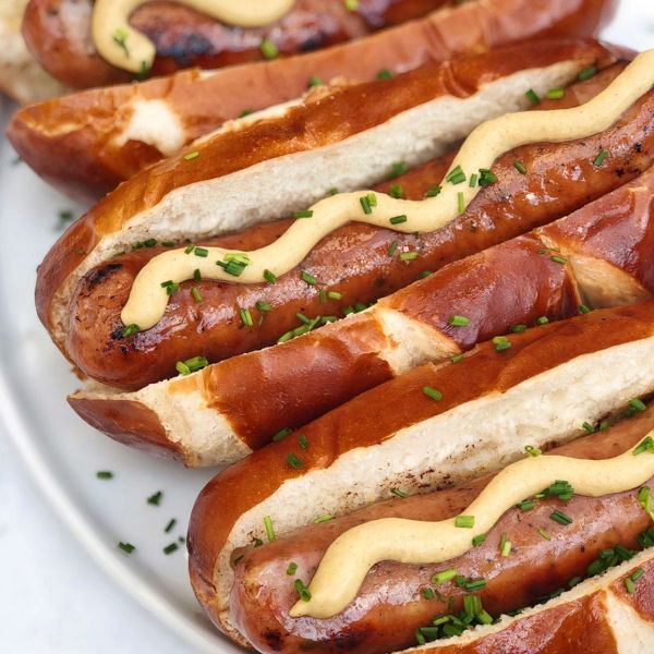 Photo of Pretzel Brats with Beer Cheese and Pasta Salad