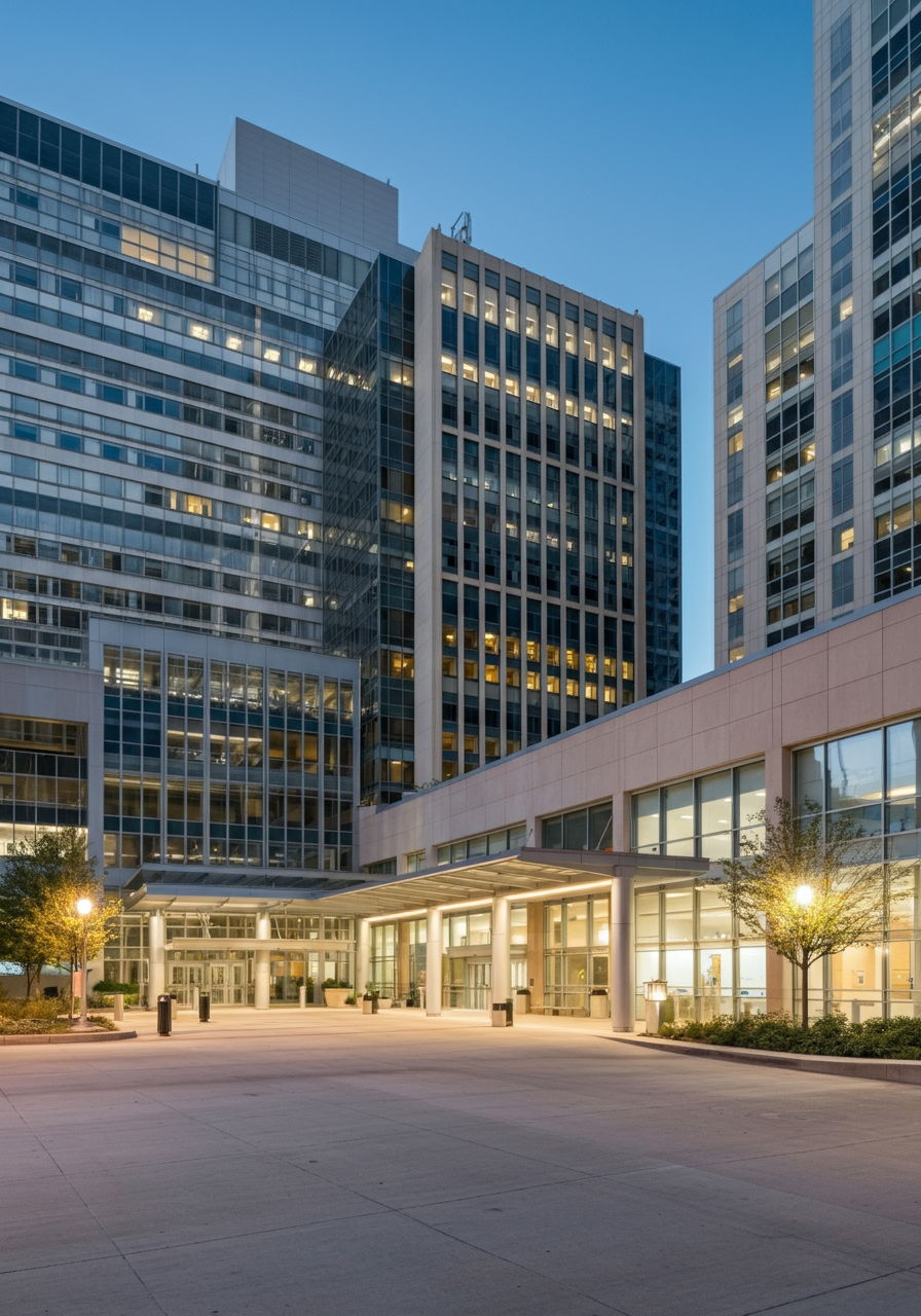 Northwestern Memorial Hospital campus in Streeterville, with its distinctive modern architecture and landscaped entrance plaza. The medical center's presence drives significant housing demand from healthcare professionals seeking convenient access to workplace and urban amenities.