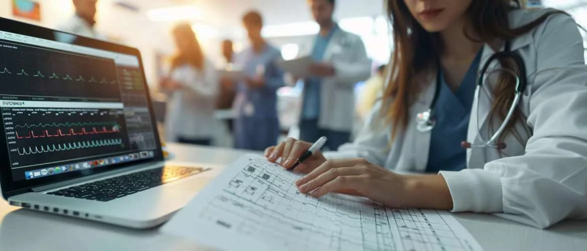 A nurse meticulously analyzing an ECG reading with advanced software assistance.