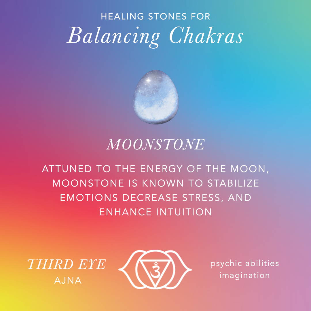 Healing Stones for Balancing Chakras: Moonstone: Attuned to the energy of the moon, moonstone is known to stabilize emotions, decrease stress, and enhance intuition. Third eye, ajna, psychic abilities, imagination