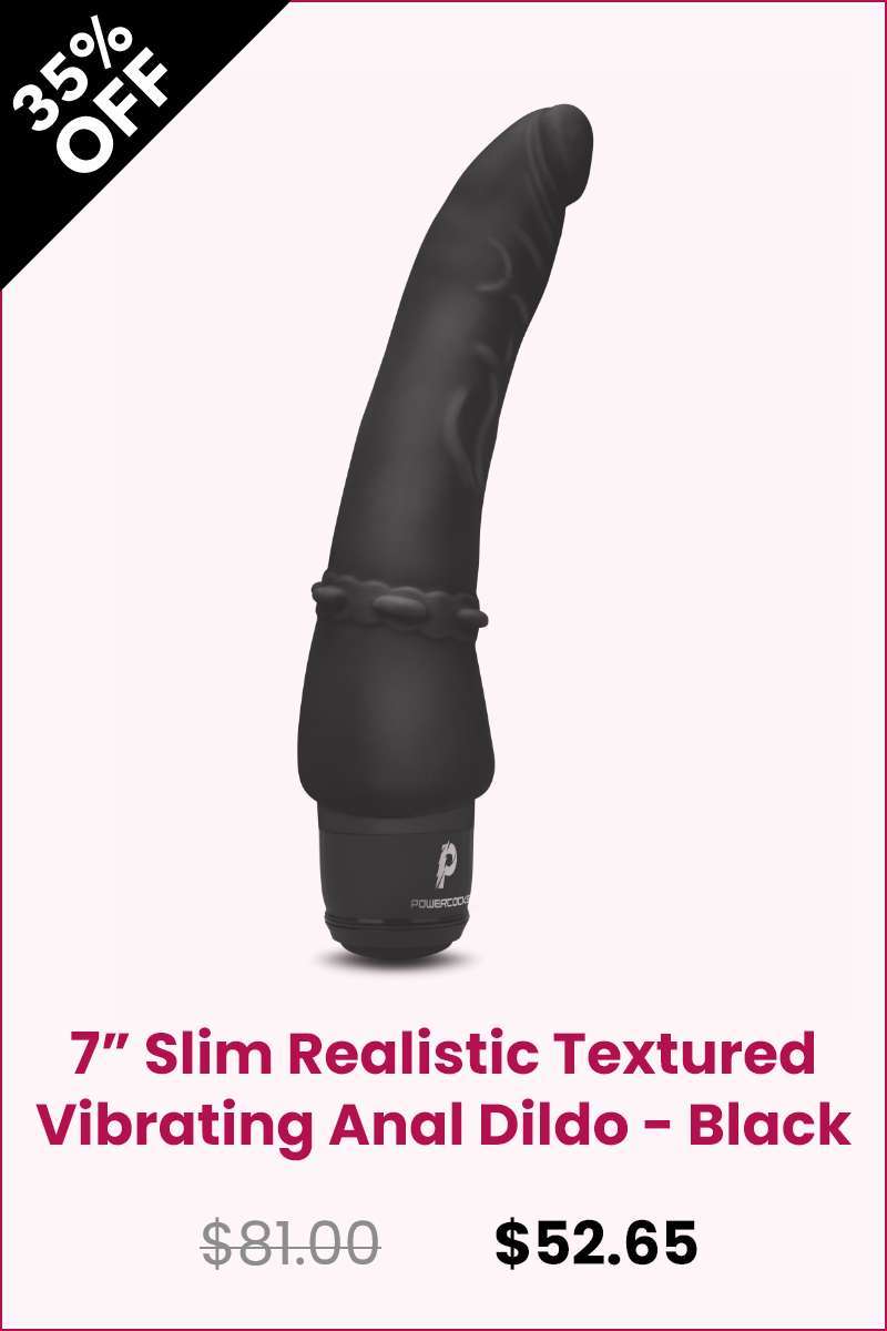 Powercocks Slim Realistic Textured Vibrating Anal Dildo Black 7-inch