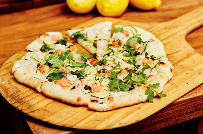 White Pizza with Trout, Shrimp and Zucchini