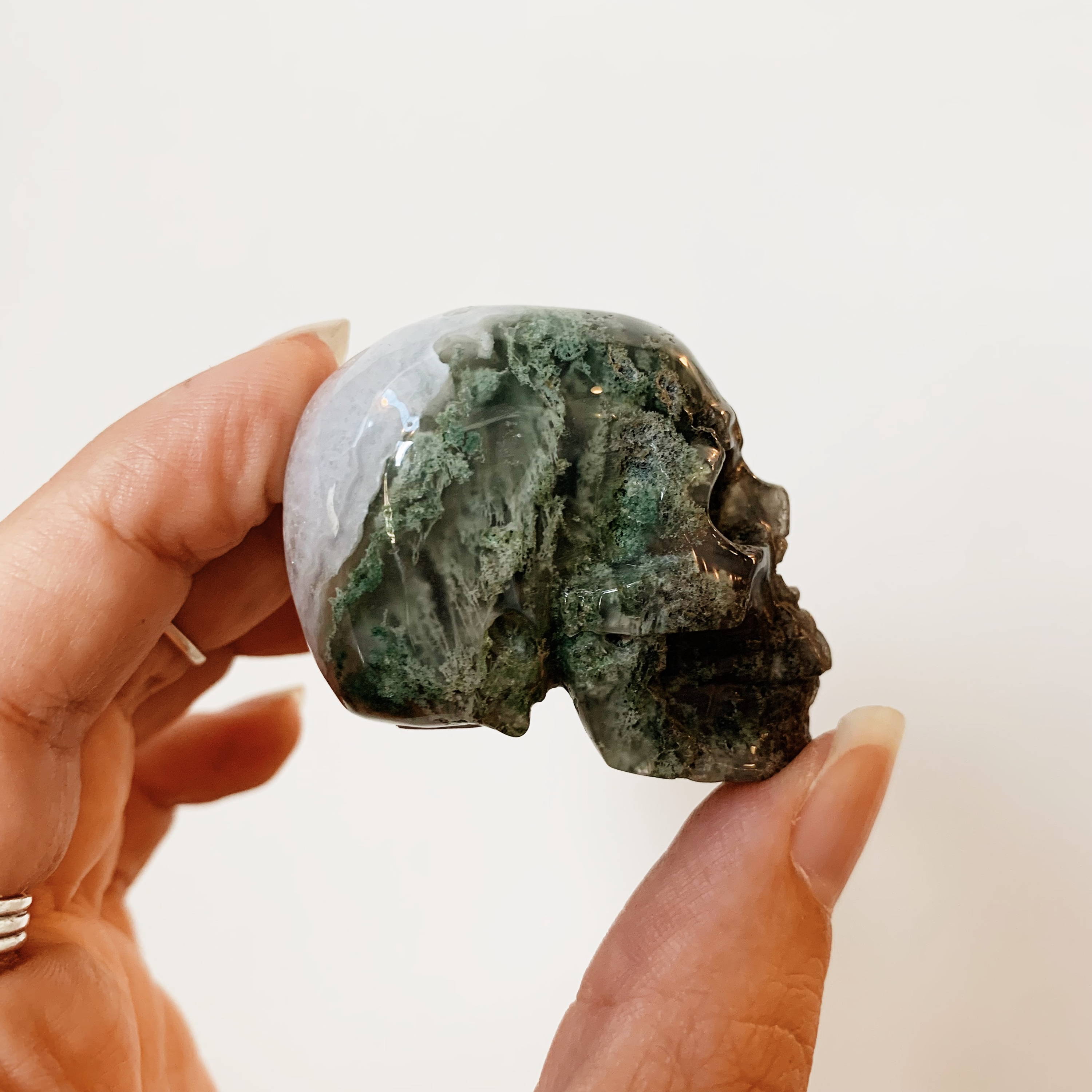 Moss Agate Skull an excellent stone for Virgo