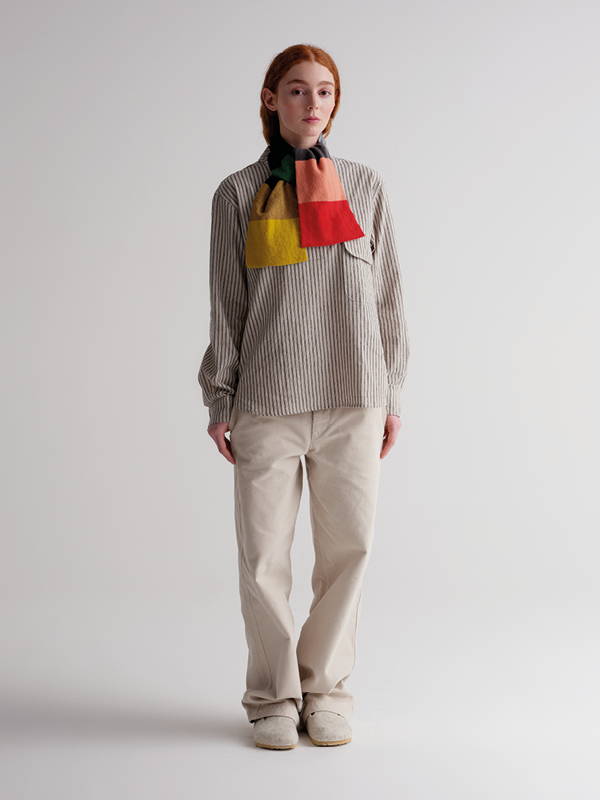 model wears small colourblock scarf multicolour