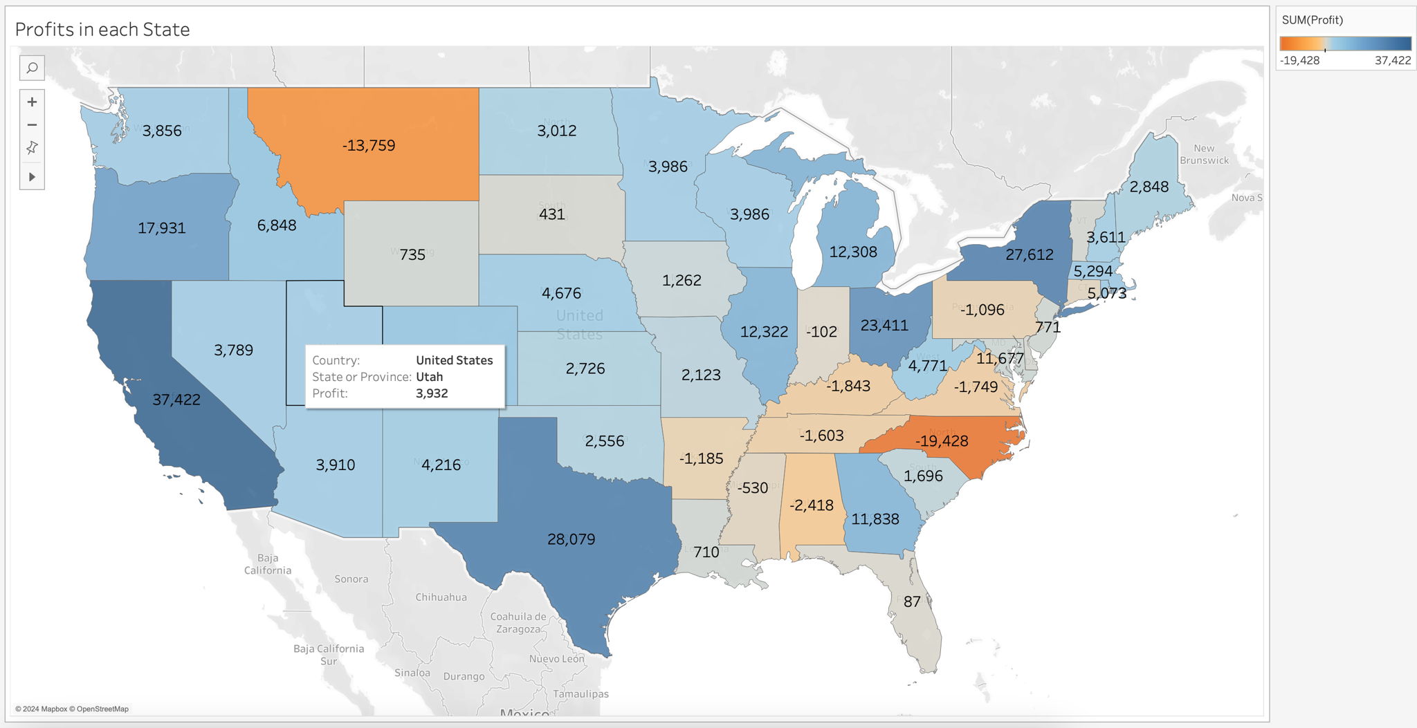 Graph of profits from a store by state in the USA on Tableau