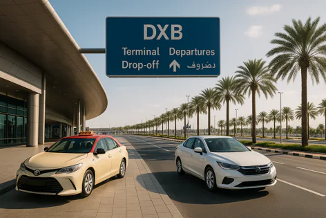 Two cars, including a taxi, are parked and driving near a building and road lined with palm trees under a sign pointing to DXB Terminal Departures Drop-off.
