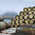 Piles de fûts de whisky en bois entreposés sur le quai de la distillerie Bunnahabhain sur l'île d'Islay dans les Hébrides intérieures d'Ecosse