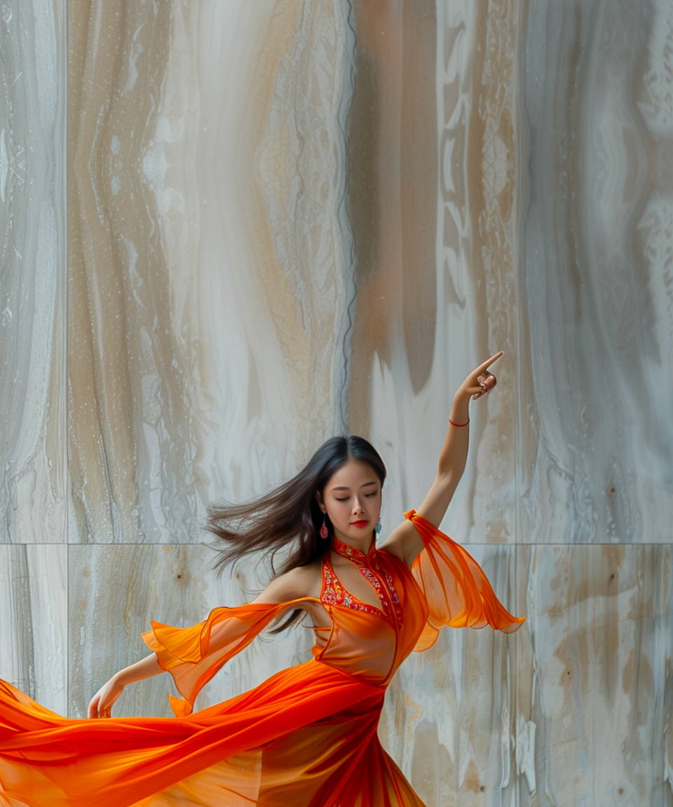 Woman in flowing orange dress dancing inside a modern building (small)