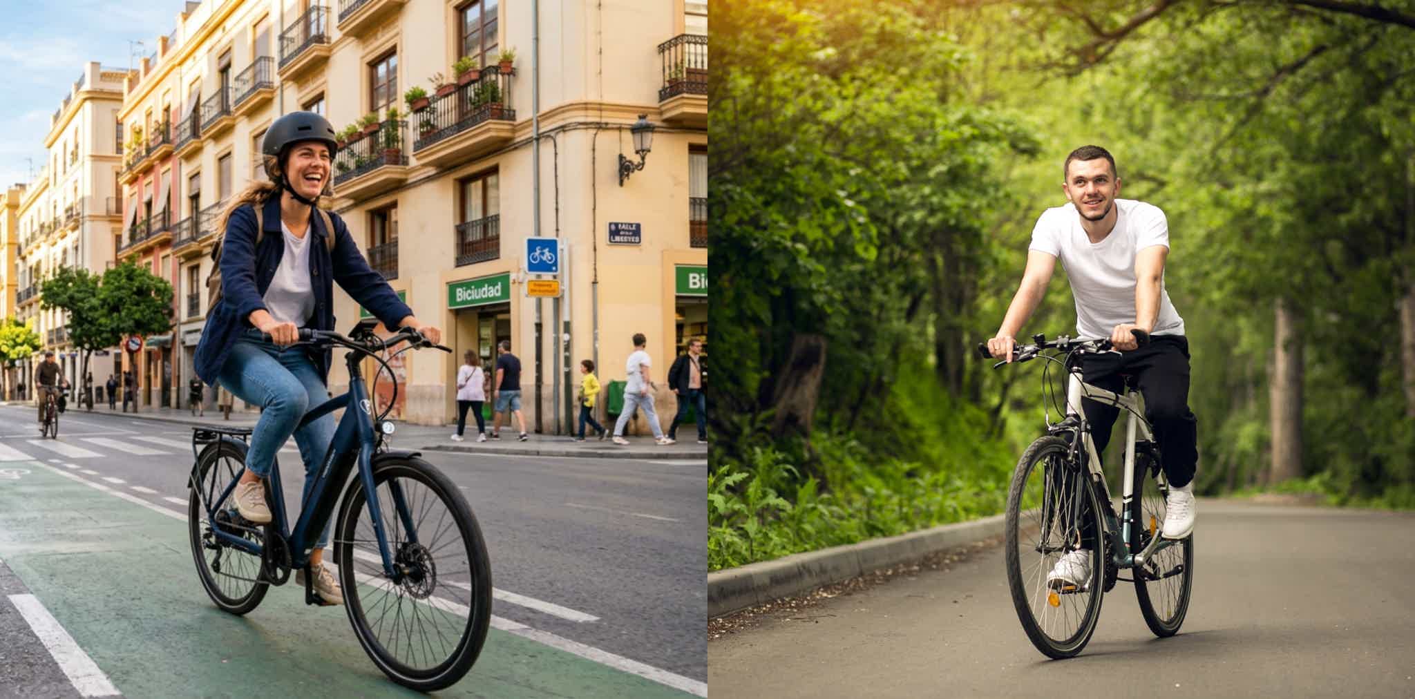 Montaje de una chica con su e-bike y un chico con una bicicleta convencional.