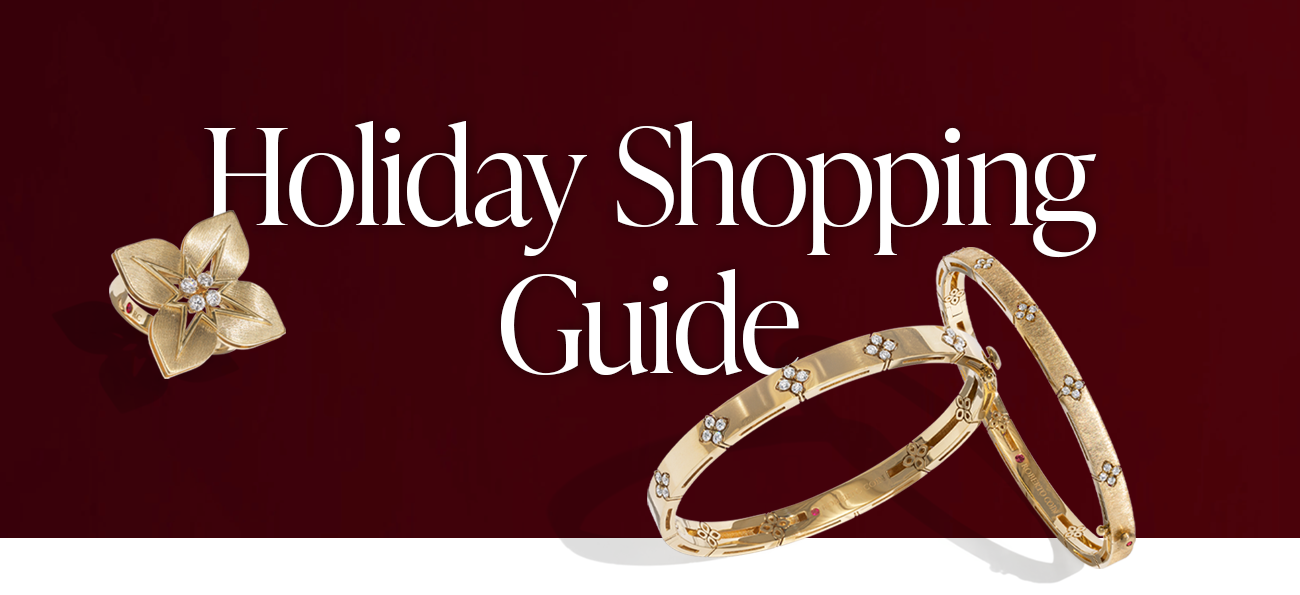 Holiday Shopping banner featuring gold jewelry pieces by Roberto Coin.