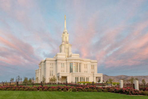 Photo of Payson LDS Temple surrounded by pink flowerbeds and green grass.