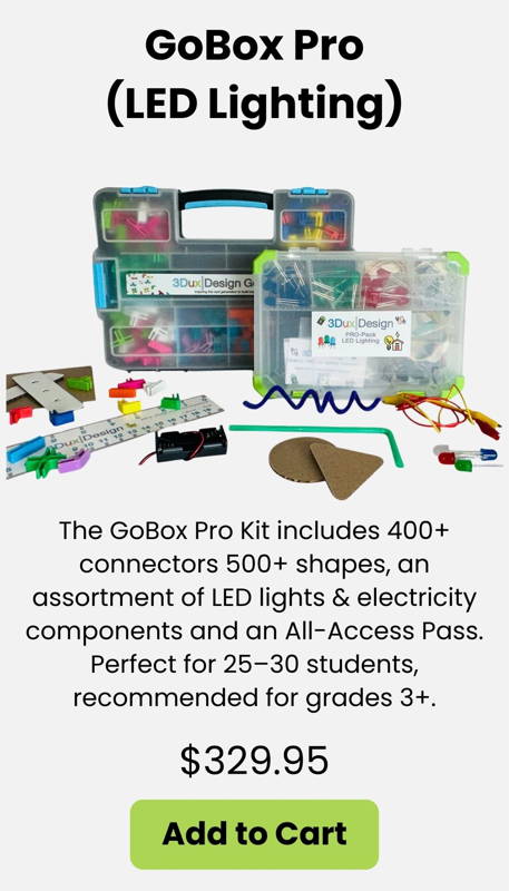The GoBox Pro LED Lighting Kit includes 400+ connectors 500+ cardboard shapes LED bulbs circuits wires switches and electricity components plus an All Access Pass for STEM projects. A complete hands on engineering and design thinking kit for grades 3+ perfect for classroom makerspace PBL activities architecture modeling circuitry lessons and creative problem solving for 25–30 students.