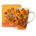 Van Gogh Sunflowers Grande mug, 19.6 oz (580 ml) fine bone china, front view, handle right. Featured with matching box. 