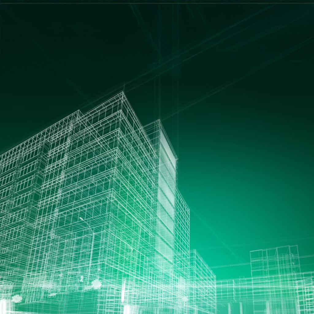 Digital wireframe illustration of multiple modern buildings on a green gradient background, suggesting architectural design or urban planning in a futuristic style.