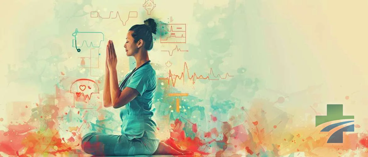 Illustrated fusion of nursing and yoga practices in a serene, colorful scene.