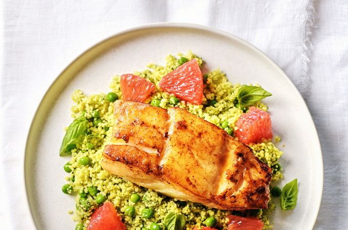 Cod with Pesto and Grapefruit Couscous
