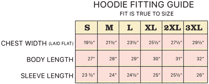 Hoodie sizing. Contact support@tru-tone.com for assistance