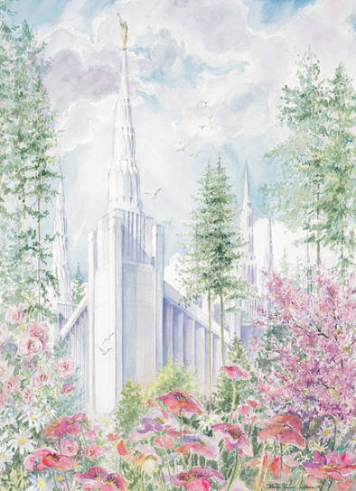 Portland Temple framed by flowers and trees. Birds flying around the steeples.