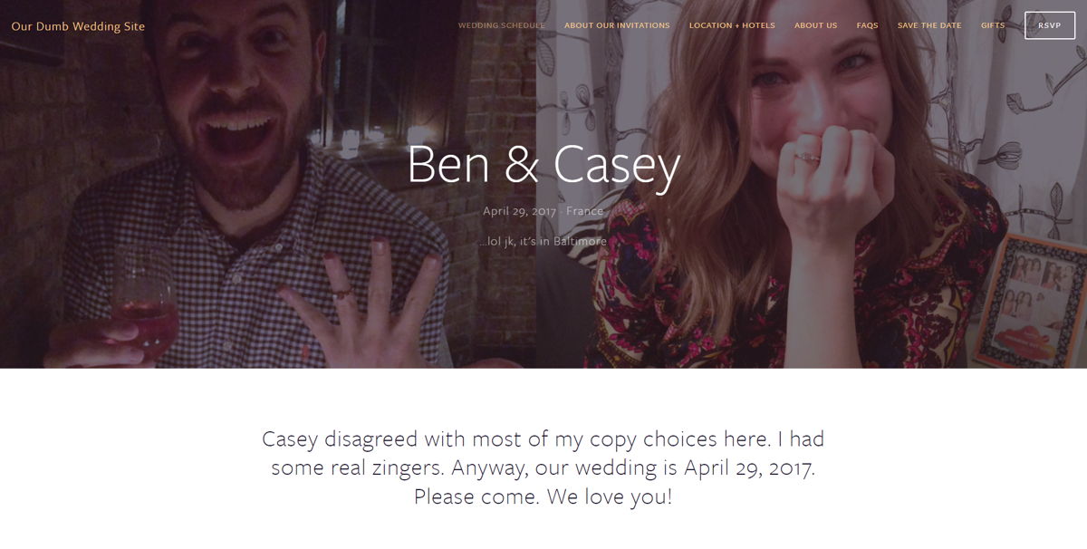 Screenshot of Our Dumb Wedding Site, from the squarespace wedding websites collection.