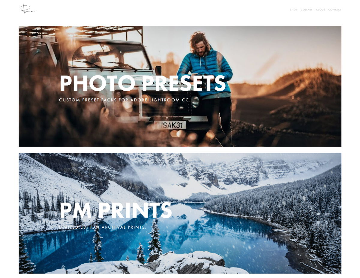 Screenshot of Peter McKinnon, from the squarespace ecommerce examples collection.