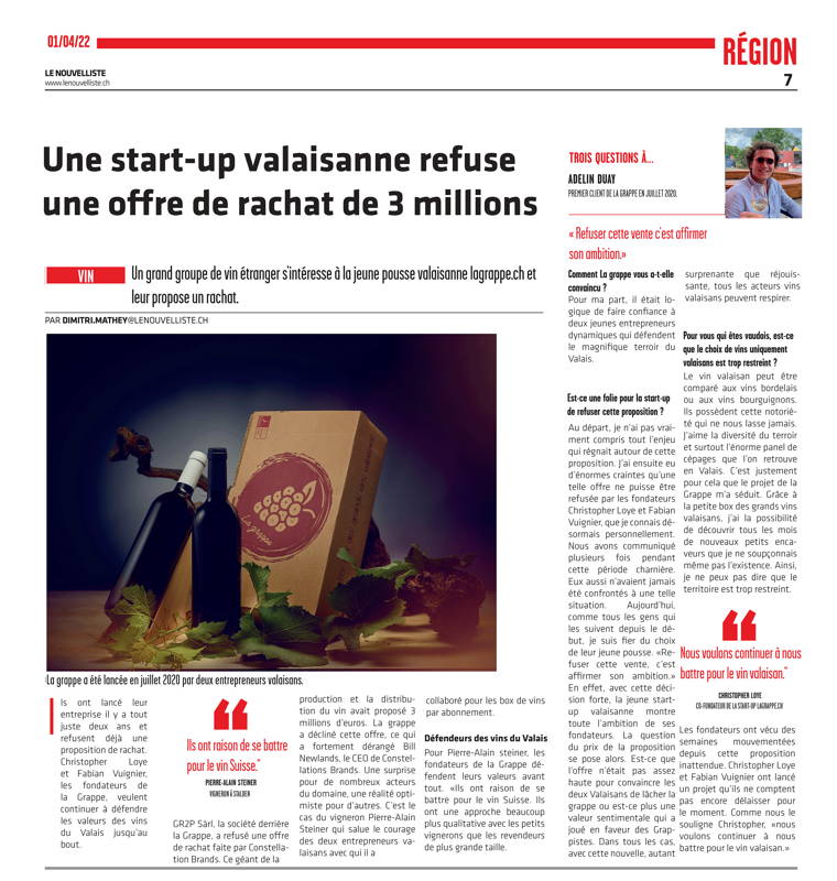 Post poisson d'avril La grappe – refus d'une offre de rachat de 3 millions