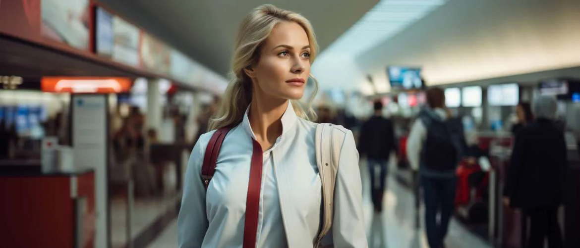 Travel nurse poised and ready at the airport, symbolizing a new adventure.