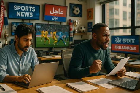 Two men working in a busy sports news office. One on a laptop, the other reacts to news from a paper. Monitors show sports news and live soccer game action.