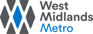 West Midlands Metro logo featuring grey geometric shapes forming a hexagon with a blue diamond in the center, and the words West Midlands Metro in grey and blue text on the right.