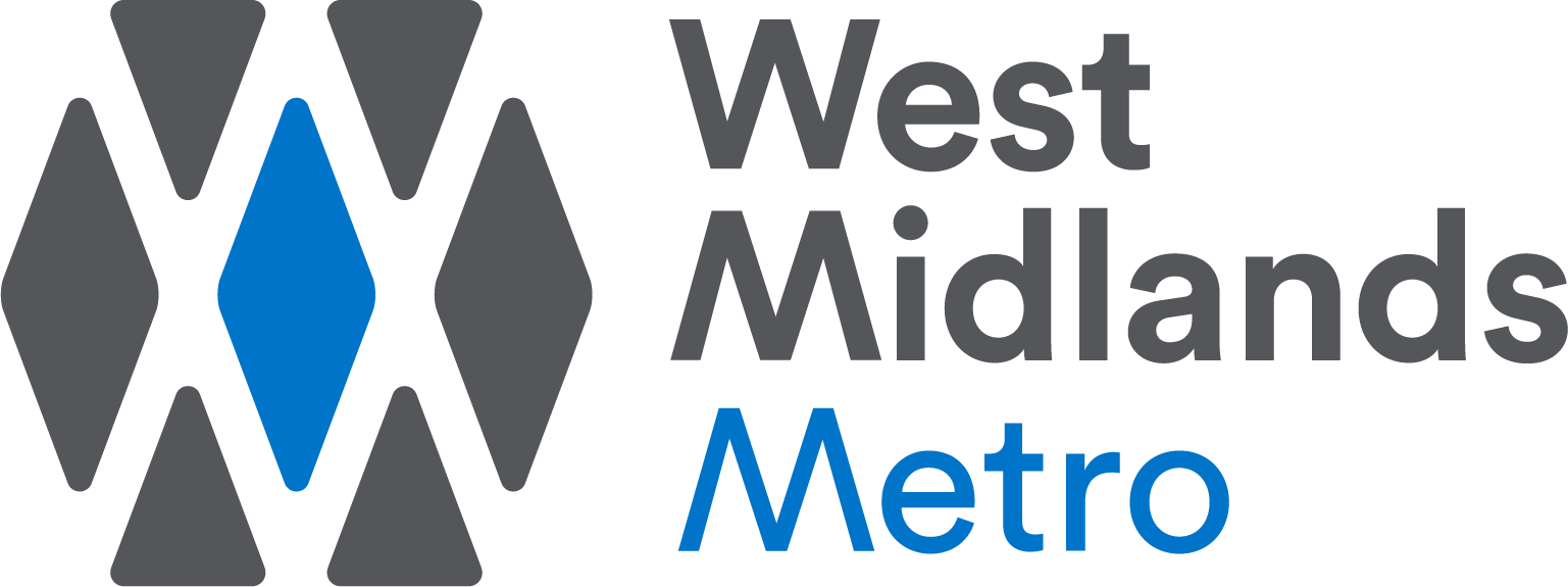 West Midlands Metro logo featuring grey geometric shapes forming a hexagon with a blue diamond in the center, and the words West Midlands Metro in grey and blue text on the right.