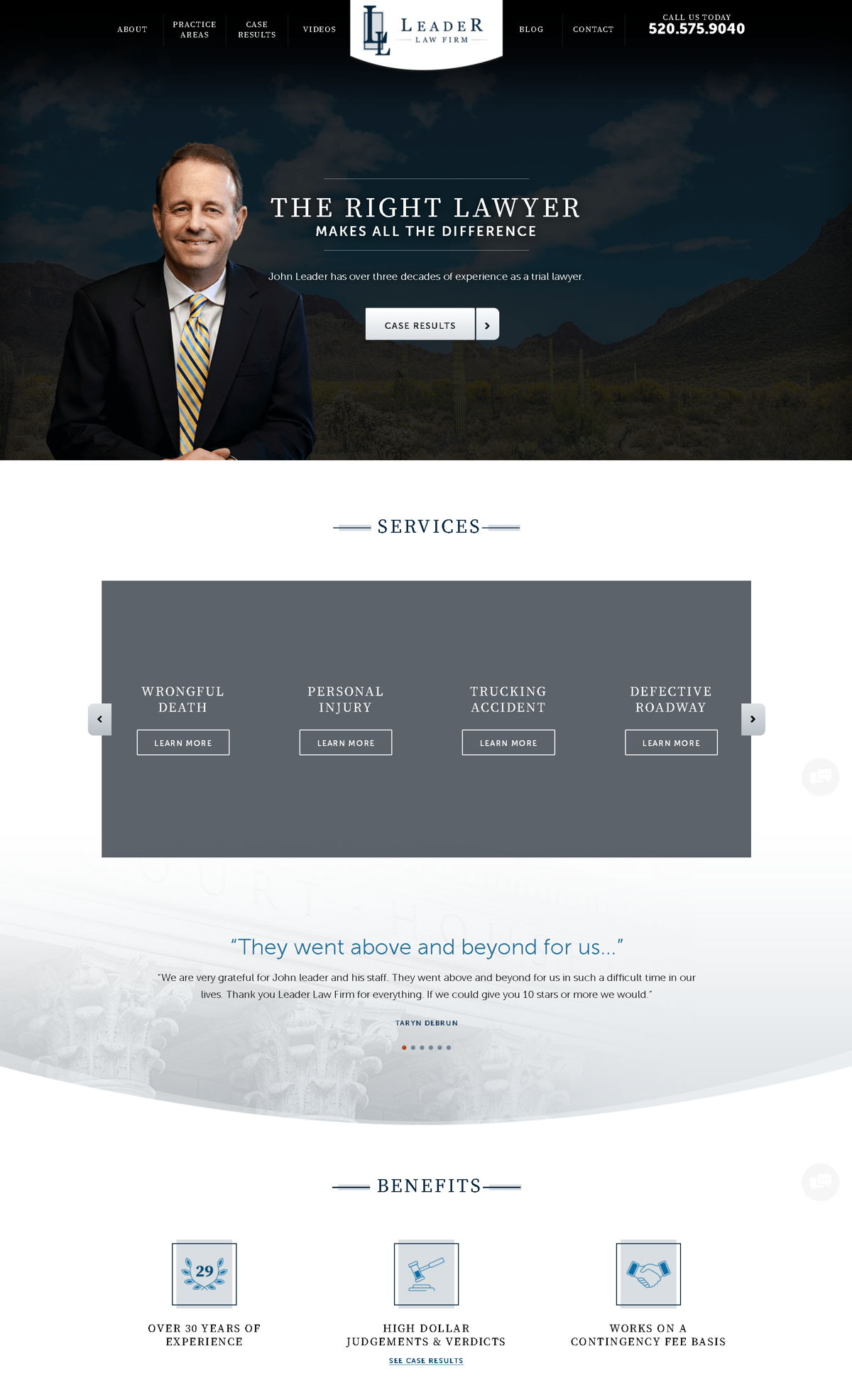 Screenshot of Leader Law Firm, from the homepage examples collection.