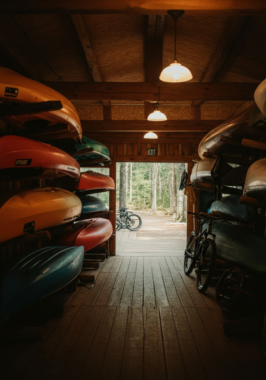 A photographic style image of A rustic outdoor adventure center with kayaks and mountain bikes displayed on natural wood racks. Hiking trails disappear into the forest beyond. high focus, sharp, lots of bright light, extra bright, highly detailed, high quality, dslr, film grain, fujifilm XT3, RAW photo, RAW candid cinema, color graded porta 400, depth of field, hyper realistic, natural-looking, expressive, textured skin, texture, 8k, photorealistic