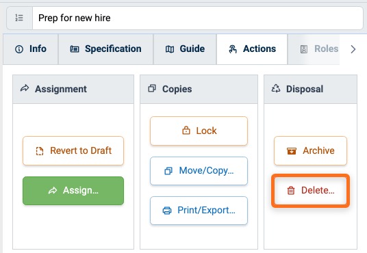 Delete button in the Disposal panel of the Procedure Actions tab