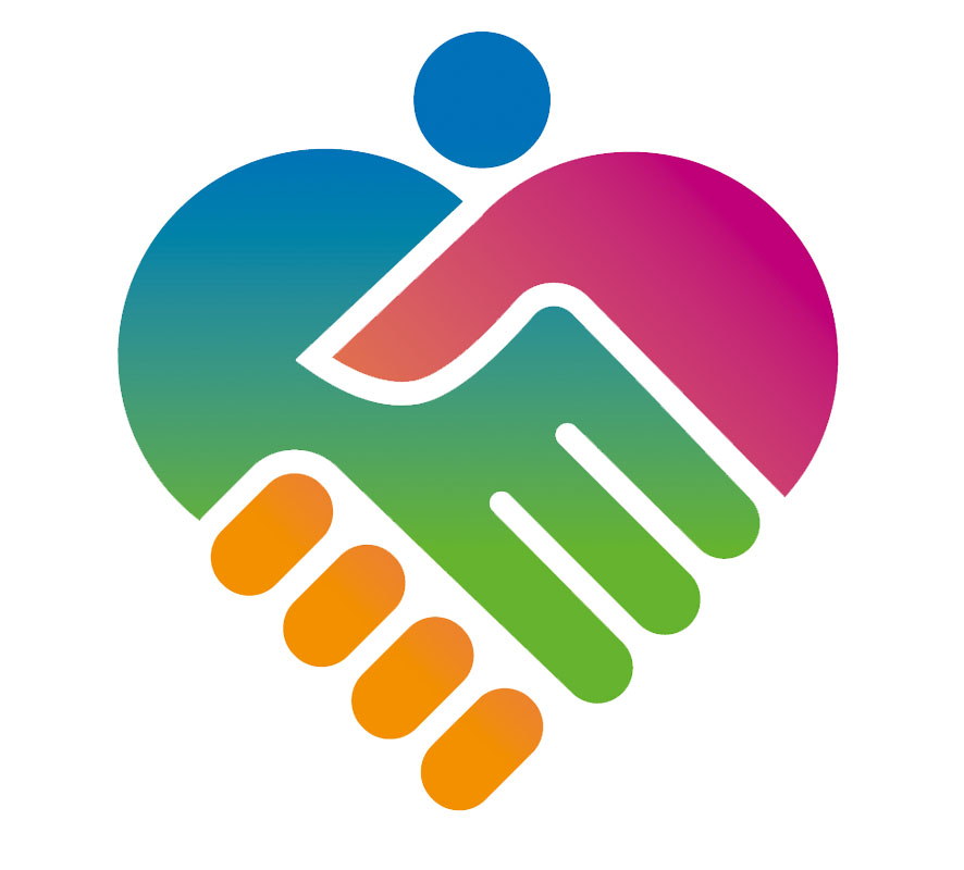 A colorful illustration of two hands shaking, forming the shape of a heart. The design features blue, green, pink, and orange gradients, symbolizing unity and cooperation.