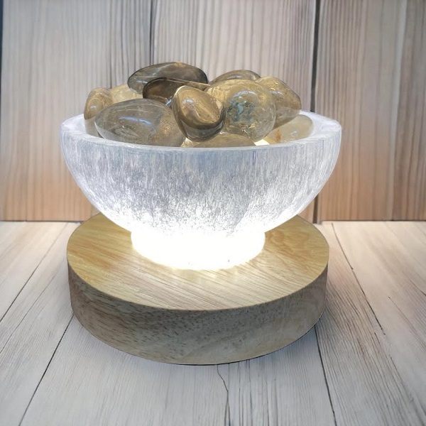 Selenite Bowl - Smokey Quartz Tumble Crystals Includes LED Base
