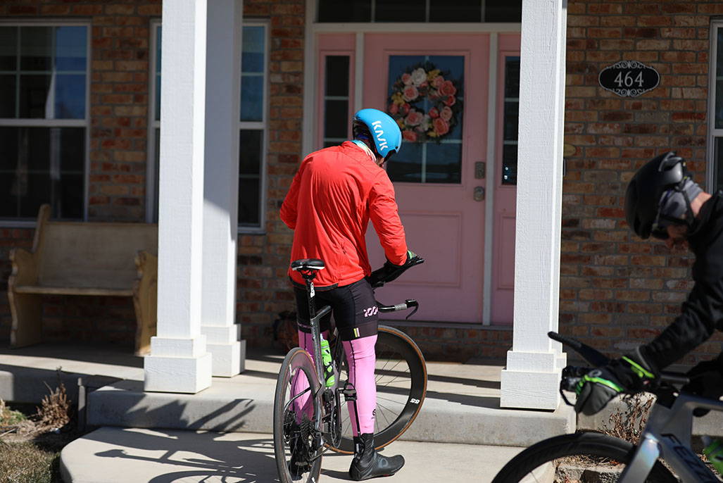 James lawrence at front door on bike