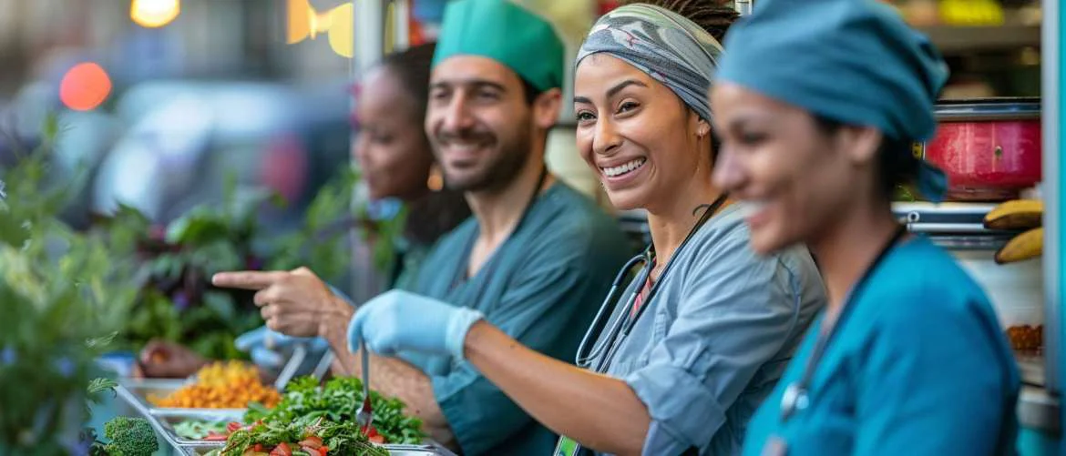 Diverse nurses queue at a plant-based food truck in a lively city
