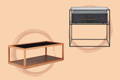 glass coffee table and a side table with storage