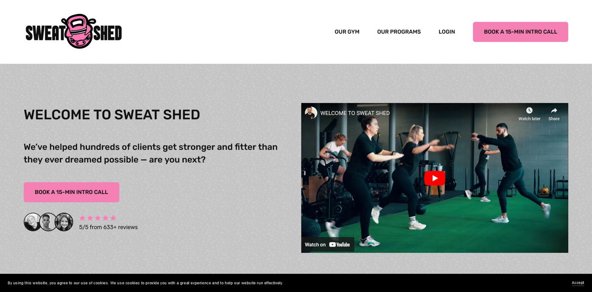 Screenshot of Sweat Shed, from the squarespace fitness websites collection.